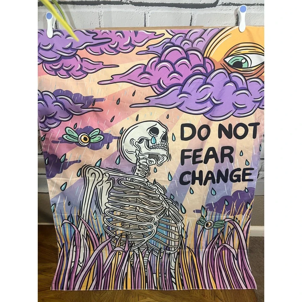 Sad Skelly Do Not Fear Change Crying Skeleton Tapestry Wall Hanging Trippy Art